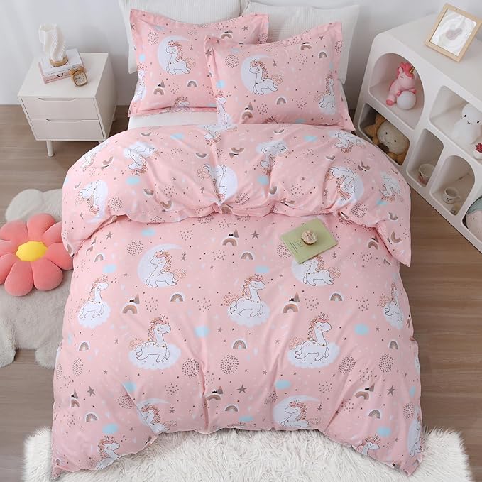JSD Pink Unicorn Kids Duvet Cover Set Twin Size, 2 Piece Girls Print Microfiber Comforter Cover with Pillow Sham Zipper Closure, Comforter Not Included