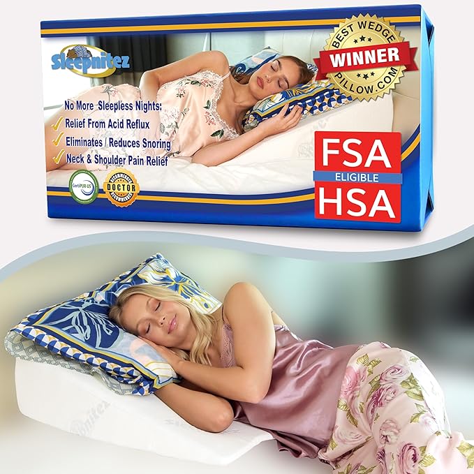 Sleepnitez Fsa Eligible 8" Bed Wedge Pillow – Memory Foam Wedge for Sleeping, Acid Reflux Pillow for Snoring, GERD, Pregnancy – Luxurious 3.25" Memory Foam Top Layer
