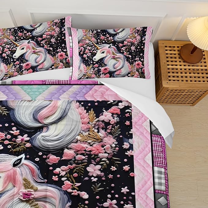 Unicorn Queen Size Comforter Set for Girls，Pink Unicorn Queen Size Bedding Set，Pink Floral Quilt Bed Set Queen，with 1 Comforter with 2 Pillow Case