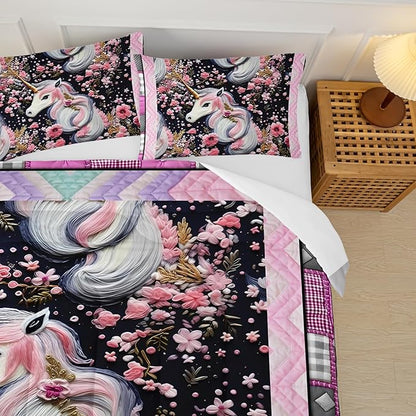 Unicorn Queen Size Comforter Set for Girls，Pink Unicorn Queen Size Bedding Set，Pink Floral Quilt Bed Set Queen，with 1 Comforter with 2 Pillow Case