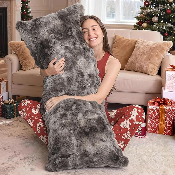 ZonLi Fluffy Faux Rabbit Fur Grey Body Pillow, Side Sleep Body Pillow with Washable Cover, Adjustable Memory Foam Fill，20x54 Long Pillow for Adults Girls & Kids