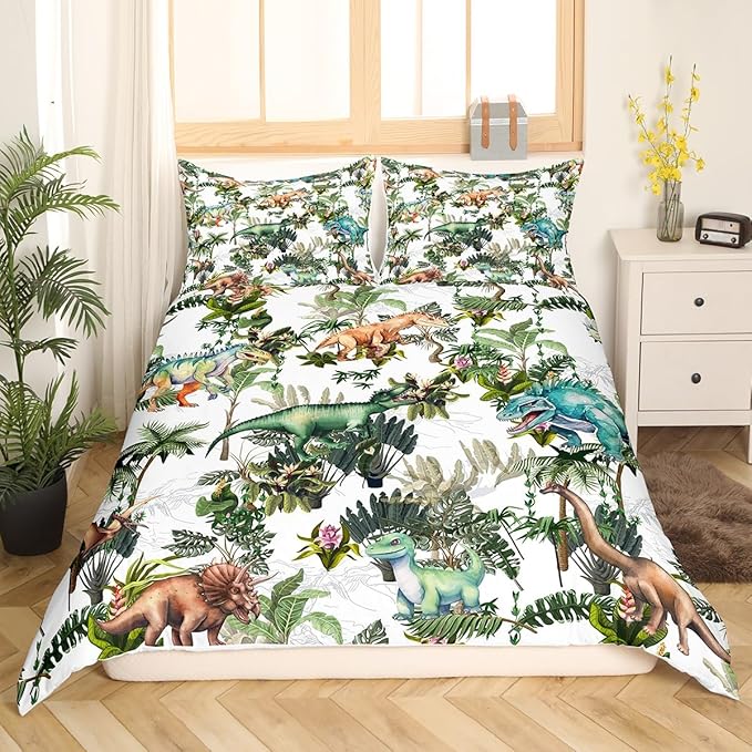 Colorful Dino Bedding Set King Size for Teens,Dinosaur Cartoon Wild Animal Painting Comforter Cover with 2 Pillowcases,Green Leaves Tropical Botanical White Duvet Cover Set Microfiber Quilt Cover