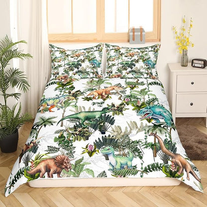 Colorful Dino Bedding Set Twin Size,Dinosaur Cartoon Wild Animal Painting Comforter Cover Set for Kids Girls,Green Leaves Tropical Botanical White Bedding Quilt Cover Set Bedroom Decor, 2 Pcs