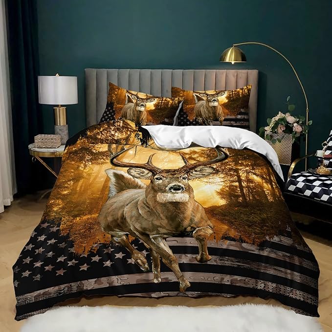 CVHOUSE Deer Hunting Duvet Cover Full Size,American Flag Bedding Set,Deer Theme Comforter for Boys Kids Teens,1 2 Pillowcases 3 Piece Full 79'x89'
