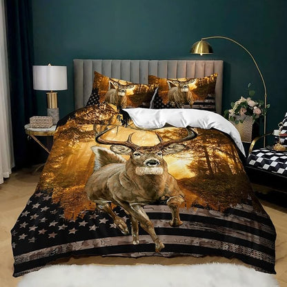 CVHOUSE Deer Hunting Duvet Cover Twin Size,American Flag Bedding Set,Deer Theme Comforter for Boys Kids Teens,1 2 Pillowcases 3 Piece Twin 71'x87'