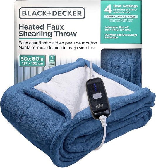 BLACK+DECKER Heated Blanket Electric Throw, Faux Shearling Electric Blanket, Heating Blanket with 4 Heating Levels, 3H Timer, Auto Shutoff, Fast Heating (50x60 inches, Navy)