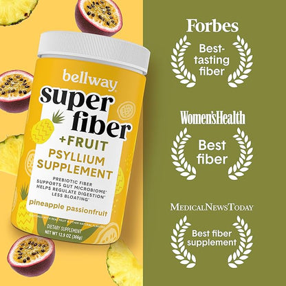 Bellway Super Fiber Powder + Fruit, Sugar Free Organic Psyllium Husk Powder Fiber Supplement for Regularity, Bloating Relief & Digestive Health, Plant-Based, Pineapple Passion Fruit (50 Servings)