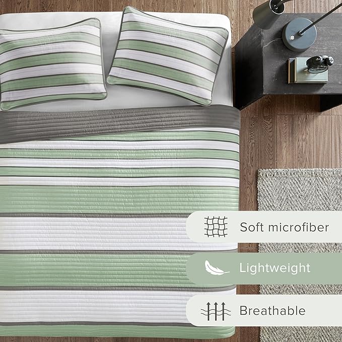 Comfort Spaces Queen Quilt Set Trendy Casual Fun, Vibrant Color Stripes Design, All Season Lightweight Coverlet Bedspread Queen Size Bedding & Shams, Verone, Full/Queen, Sage Green, 3 Piece