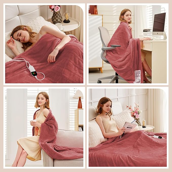 Heated Blanket Twin 62"×84" - Premium Cosy Soft Electric Blanket with 6 Heating Levels,Fast Heating Flannel Sherpa Machine Washable Blanket for Bed & Couch - Auto Shut Off(Wine)