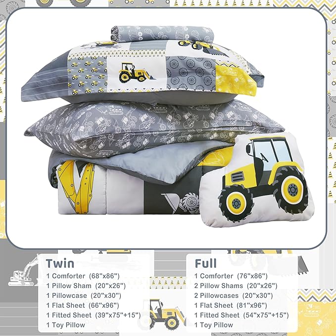 Mooreeke Kids Full Comforter Sets for Boys 8 Pieces Yellow Excavator Bedding Set for Teens Microfiber Kids Bed in A Bag with Comforter, Sheet Set, Shams and Decorative Toy Pillow All Season