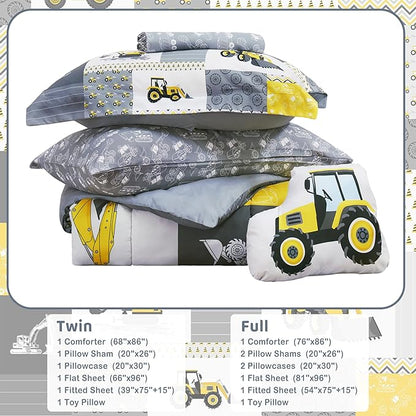 Mooreeke Kids Twin Comforter Sets for Boys 6 Pieces Yellow Excavator Bedding Set for Teens Microfiber Kids Bed in A Bag with Comforter, Sheet Set, Shams and Decorative Toy Pillow All Season