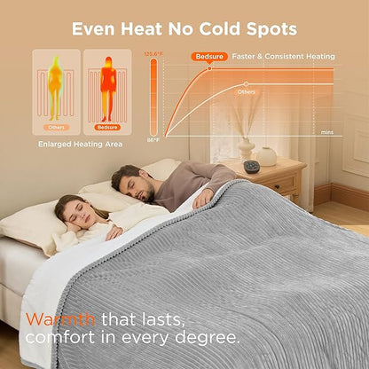Bedsure GentleSoft Electric Blanket Queen Size - Soft Ribbed Flannel Heated Blanket with Dual Control, Heating with 10 Heat Settings & 10 Time Settings, 8 hrs Timer Auto Shut Off (84"x90", Light Grey)