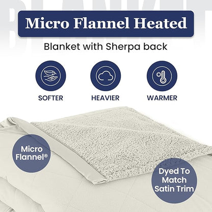 Thermee Micro Flannel Heated Blanket With Sherpa Back, Full Size, 10-Setting Electric, Programmable, Ultra-Soft, Fast Heating Thermal Throw - Sand