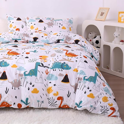 JSD Dinosaur Kids Duvet Cover Set Full Size, 3 Piece Soft Printed Microfiber Bedding Comforter Cover with Pillow Shams Zipper Closure, Comforter Not Included