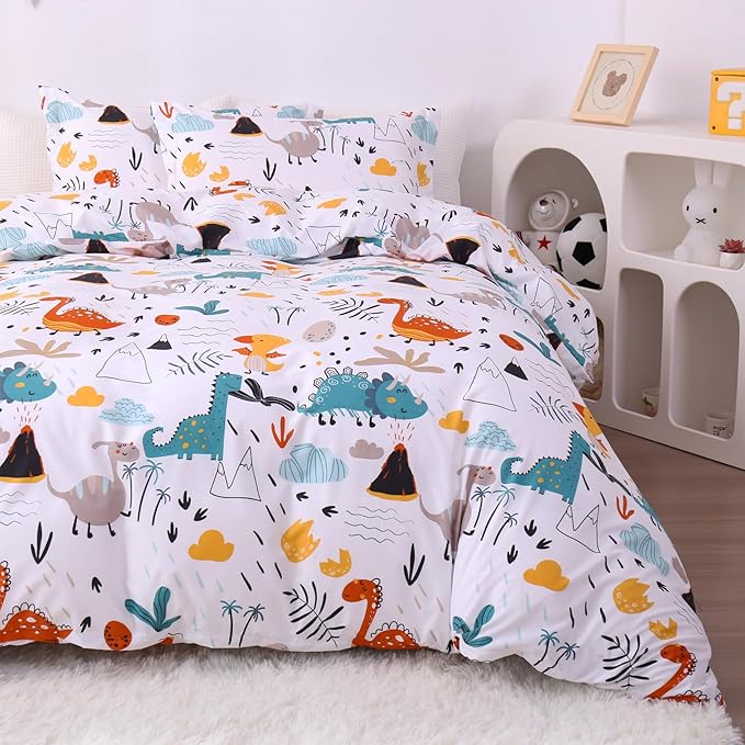 JSD Dinosaur Kids Duvet Cover Set Queen Size, 3 Piece Soft Printed Microfiber Bedding Comforter Cover with Pillow Sham Zipper Closure, Comforter Not Included
