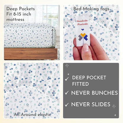 California Design Den Deep Pocket Twin Sheets Set - 400 Thread Count Sateen, Natural 100% Cotton Sheets, and Durable Bedding Set - Blooming Meadows