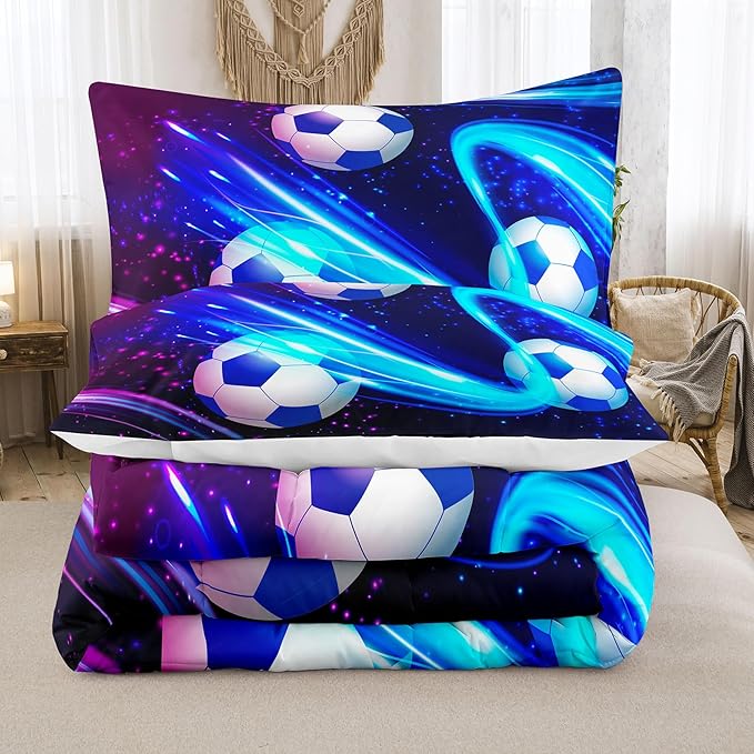 Peopleareok Soccer Comforter Set Full(79x90 Inch), 3D Printed Purple Galaxy Soccer Theme Comforter, Sports Football Bedding, 3 Pieces Soft Microfiber Football Bedding Set for Boys with 2 Pillowcases