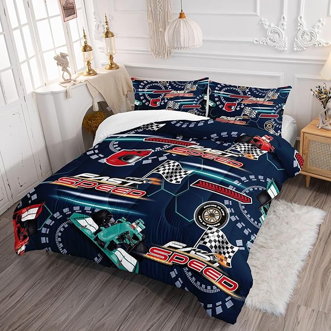 Cartoon Racing Comforter Set Extreme Sports Printed Bedding Set with 1 Comforter and 2 Pillowcases for Boys and Girls Bedroom All Season(Racing Full)