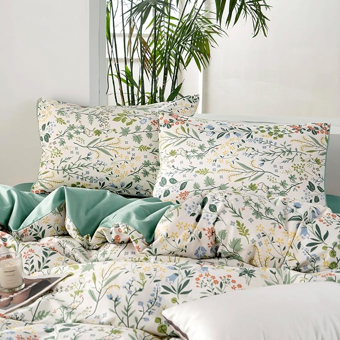 Duvet Cover Queen Size Floral 100% Brushed Microfiber Chic Flower Branches Pattern Bedding Set 3 Pieces for All Seasons, 1 Duvet Cover and 2 Pillowcases with Zipper Closure (Floral, Queen)