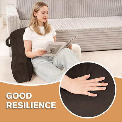 Portable Comfy Reading Pillows for Bed Sitting Up(Brown Oeko-Tex), Velvet Back Pillow with Arms & Pockets for Adults, Support Memory Foam Bed Pillow for Dorm/Reading/Watching/Gaming