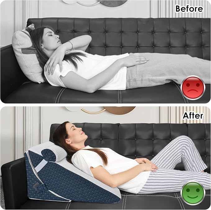 Bed Wedge Pillow for Sleeping, 3PCS Wedge Pillow Set for After Surgery, Adjustable 7 &12 inch Pillow Wedges for Acid Reflux Relief, Back Pain Relief, Sleep Apnea, Sitting Up, Headboard (Blue/White)