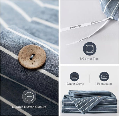 JELLYMONI Cotton Duvet Cover Twin Size - Blue Pinstriped Comforter Cover with Button 100% Washed Cotton 2PCS Breathable Soft Solid Bedding Set Duvet Cover 68×90in & 1 Pillowcase (NO Comforter)