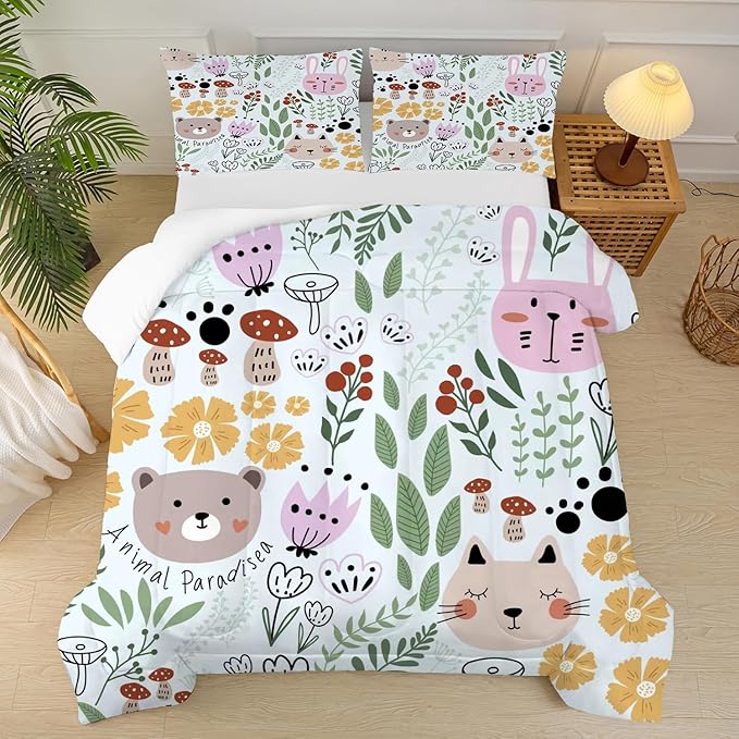 Floral Cat Bedding Full Size Cartoon Cats Comforter Set for Girls Boys Kids Teen Children Green Animals Print Bedroom Dorm Quilt 1 Comforter + 2 Pillow Cases