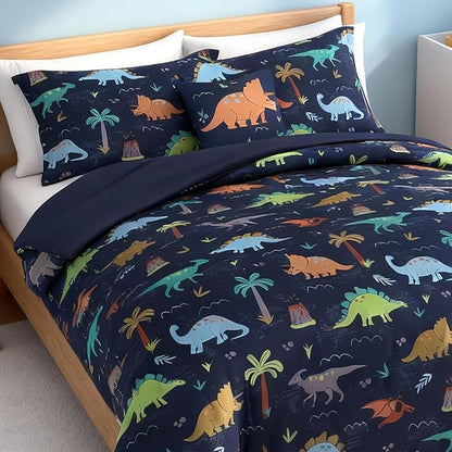 Twin Comforter Set for Boys-3 Pieces Navy Dinosaur Twin XL Bedding Set with 1 Comforter, 1 Decor Pillow, 1 Pillow Sham