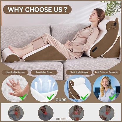 Wedge Pillow Set for After Surgery, 5 PCS Bed Wedge Pillow for Sleeping, Memory Foam Orthopedic Back Adjustable Pillow for Pain Relief and Acid Reflux with 2 PCS Axilla Pillow Brown