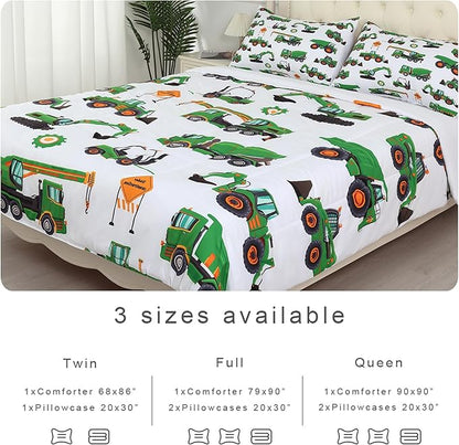 Comforter Set Green Tractor: Twin Size Cartoon Excavator Truck Car Bedding Sets for Boys Kids Teens Toddler Construction Vehicles Quilt Bed Set with 1 Comforter & 1 Pillow Case