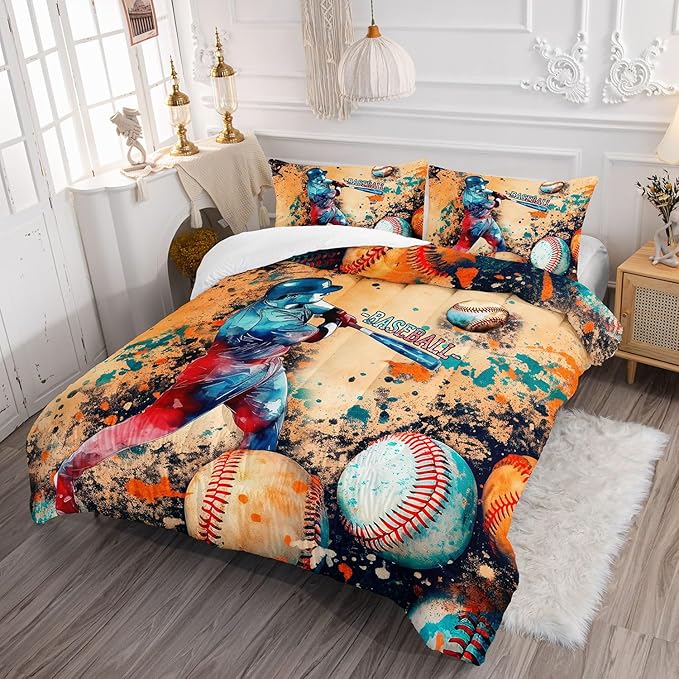 Kids Comforter Set Trend Baseball Printed Pattern Bedding Set with 1 Comforter and 2 Pillowcases for Girls Boys Bedroom All Season(Trend Baseball Twin)