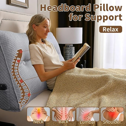 Wedge Headboard Pillow for Bed, Full Dorm Headboard Pillow Support for Sitting Up, Reading, Relaxing, Bolster Pillow with Removable Washable Cover, Gray