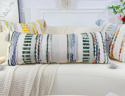 Chenille and Cotton Long Pillow for Bed, Striped Textured Boho Lumbar Throw Pillow Cover 14x36, Neutral Accent Decorative Extra Long Body Pillow Case for Couch, Sofa, Bedroom, Sage Green