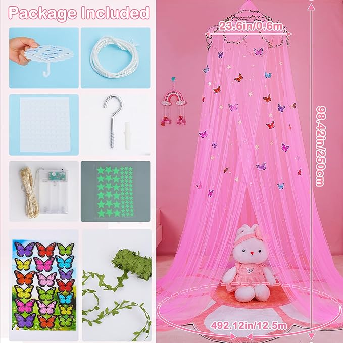 FIOBEE Bed Canopy for Girls Room Bed Canopy Curtains with Led Lights Mosquito Net DIY Princess Room Décor with Stars Butterflies for Kids Bedroom, Hot Pink