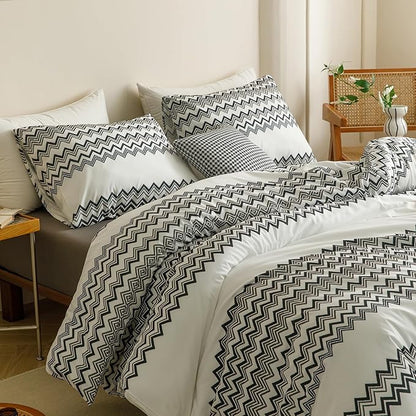 Wellboo Boho Striped Comforter Set Queen Aztec Southwest Bedding Set Women Men Bohemian White Black Geometric Quilt Farmhouse Striped Aztec Folkloric Blankets Wavy Art Comforters