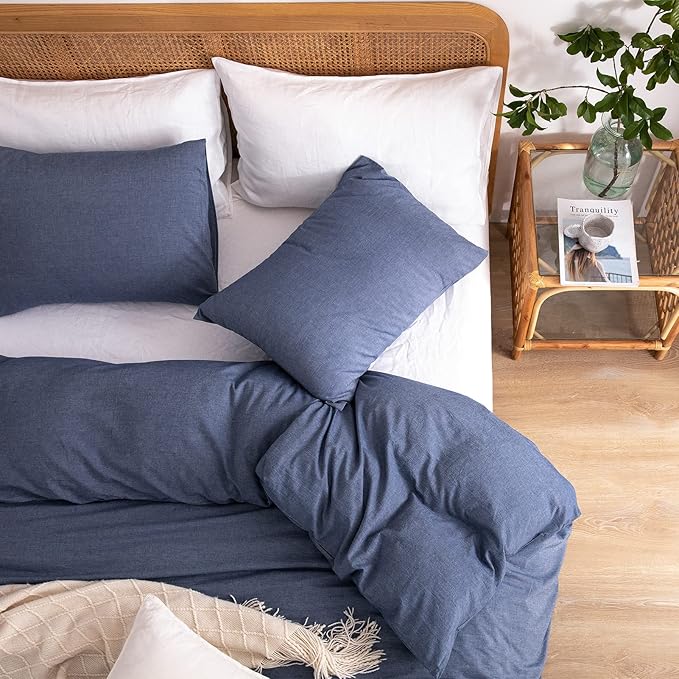 Blue Duvet Cover King, 100% Washed Cotton Linen Like Textured Solid Color Casual Modern Style Blue Bedding Set, with Zipper Closure, Luxury Soft Relaxed Feel Natural Wrinkled Comfy (3pcs, King)