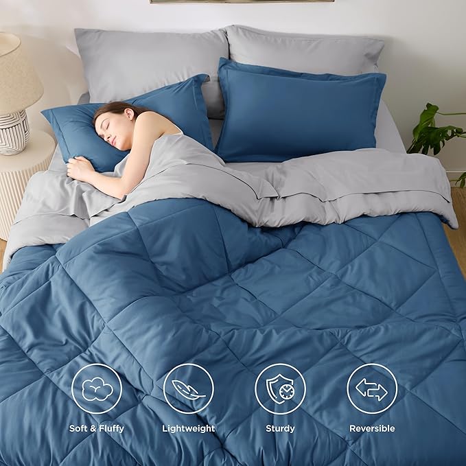 Bedsure Queen Comforter Set - 7 Pieces Reversible Slate Blue Bedding, Queen Size Bed Set for All Seasons, Bed in a Bag with Down Alternative Comforter, Sheets, Pillowcases & Shams