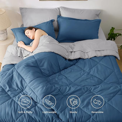 Bedsure Queen Comforter Set - 7 Pieces Reversible Slate Blue Bedding, Queen Size Bed Set for All Seasons, Bed in a Bag with Down Alternative Comforter, Sheets, Pillowcases & Shams