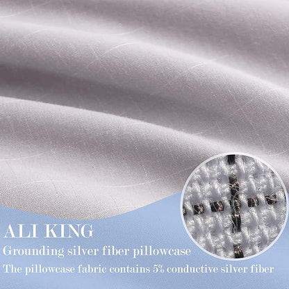 Ali King Grounding Pillowcase, 5% Conductive Silver + 95% Soft Cotton King Size Earth Grounding Pillow Cases with Grounding Cord for Improve Sleep (Light Grey, King (20x36inches))