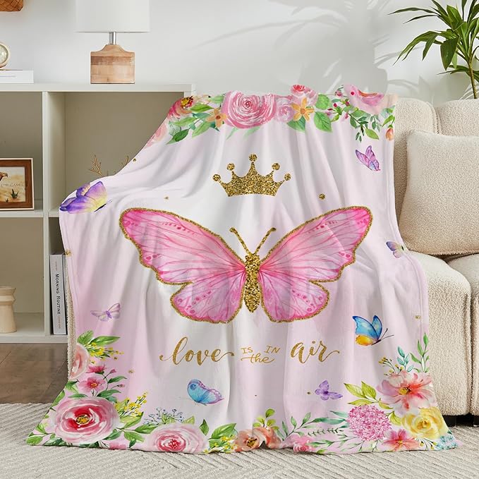 Butterfly Throw Blanket for Girls Teens Women Toddler Watercolor Blanket Soft Fuzzy Flannel Bed Blanket Plush Butterfly Birthday Gifts for Women Girls Mom Kids Teens Adults,60”x80”