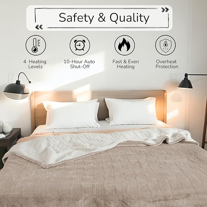 Electric Heated Blanket King Size 90"x100" - Dual-Sided with Microplush & Sherpa Fabric, 4 Heat Settings & 10 Hours Auto Off, Machine Washable - Light Brown