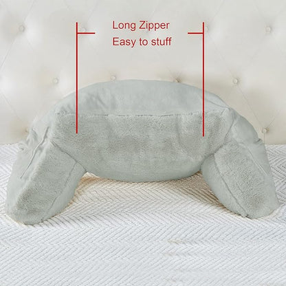 Faux Fur Assembly Need DIY Extra Large Backrest Reading Bed Rest Pillow with Arms and Pockets for Sitting in Bed Couch Sofa, Removable Cover & Filling Seprated, 28" x 30" x17", Light Gray