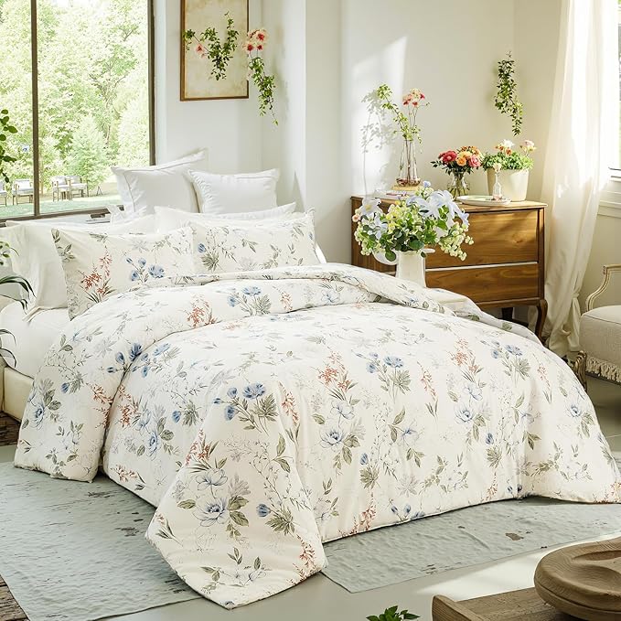 Floral Duvet Cover King Size 100% Cotton Reversible Duvet Cover Set with Zipper Closure 3 Pieces Soft & Breathable Green Garden Floral Comforter Cover Sets