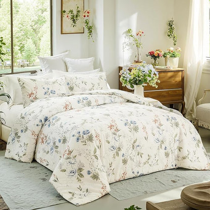Floral Duvet Cover Queen Size 100% Cotton Reversible Duvet Cover Set with Zipper Closure 3 Pieces Soft & Breathable Green Garden Floral Comforter Cover Sets