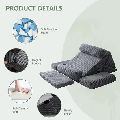 HIGOGOGO 10PCS Orthopedic Bed Wedge Pillow Set – Adjustable Soft Foam Body Positioners for After Surgery Recovery, Back & Leg Pain Relief, Sitting Up in Bed, Acid Reflux & GERD, Dark Grey