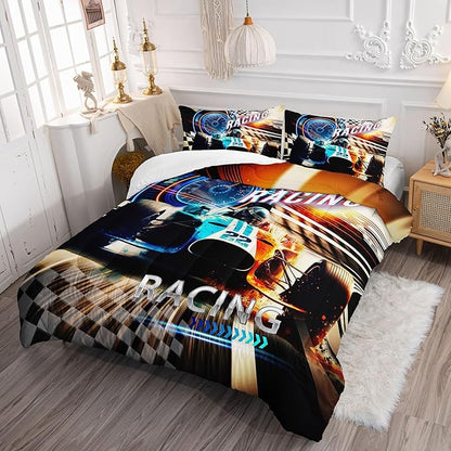 Kids Comforter Set Racing Theme Printed Pattern Bedding Set with 1 Comforter and 2 Pillowcases for Girls Boys Bedroom All Season(D-Racing Theme Full)
