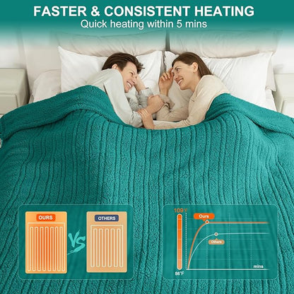 Electric Blanket King Size Single Control - 100"X90" Soft Double Sided Sherpa Heated Blanket with 6 Heating Levels & 10 hrs Timer Settings, Washable & ETL Certified for Bed, Green