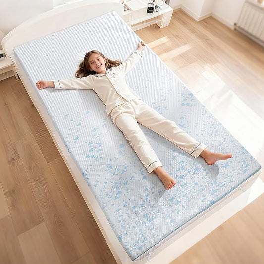 OhGeni Medium Feel Twin Size Cooling Gel Memory Foam Mattress Toppers Pad, Washable Bed Cover with Anti-Slip Base & Zipper, Fits 6"-19" Mattresses with Straps，Extra Comfort & Back-Friendly for Kids