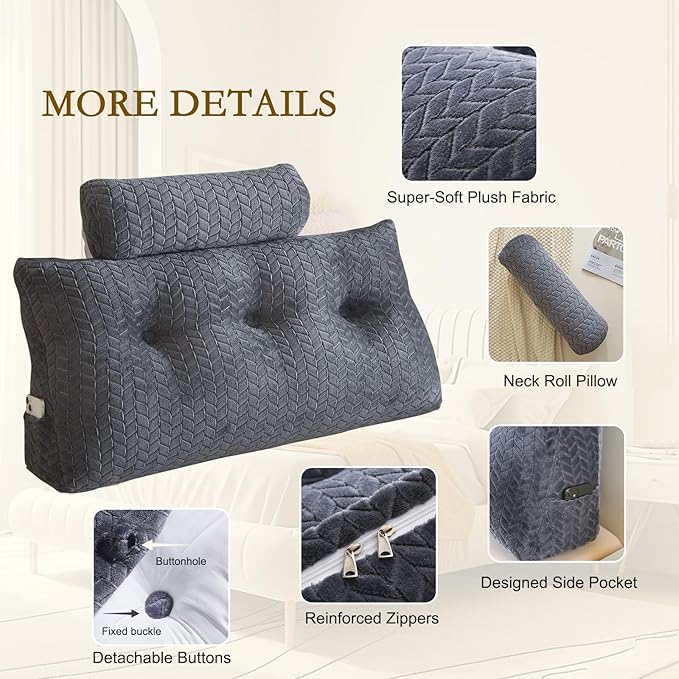 YOUR MOON Wedge Headboard Pillow Twin with 1 Pack Neck Roll Pillow, Triangular Wedge Backrest Pillows Headboard for Bed,Daybed,and Lounging, Large Bed Bolster Pillows,Dark Gray
