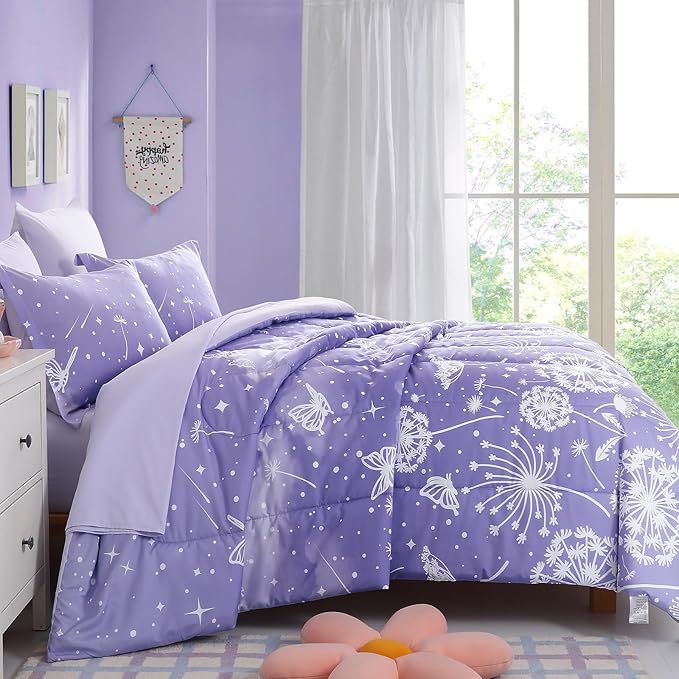 Menghomeus Girls Comforter Set Full Size 7 Pieces Bed in A Bag Ombre Purple Bedding Set Dandelion Butterfly Print Kids Bedding Collections